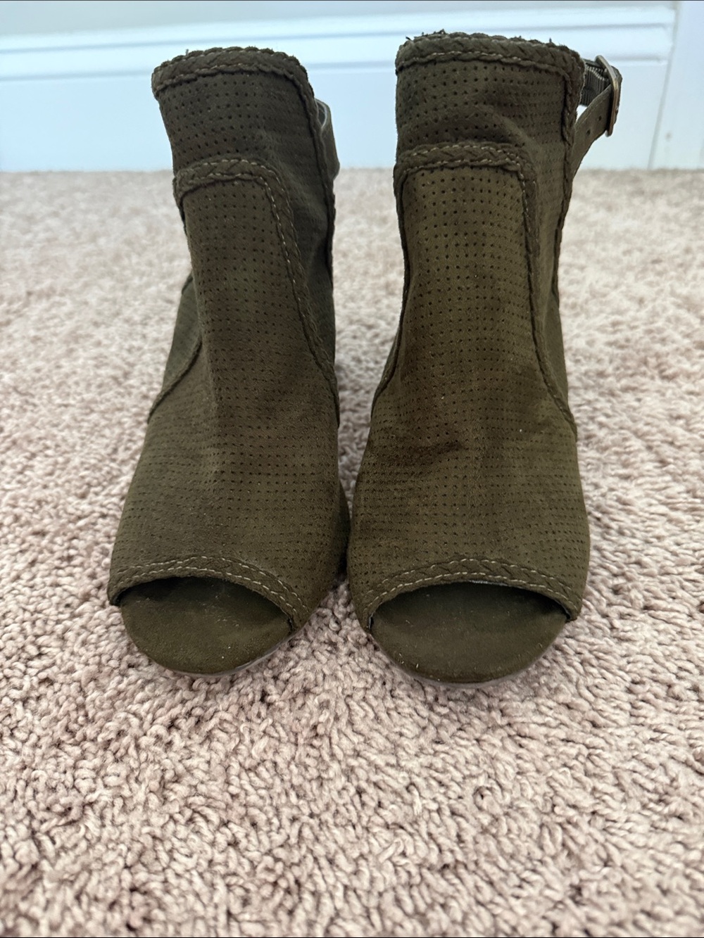 MIA Olive Green Peep-Toe Suede Ankle Boots